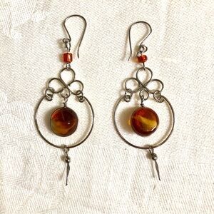 Artisan Made Silver Tone Mediterranean Earrings with Amber Type Stone